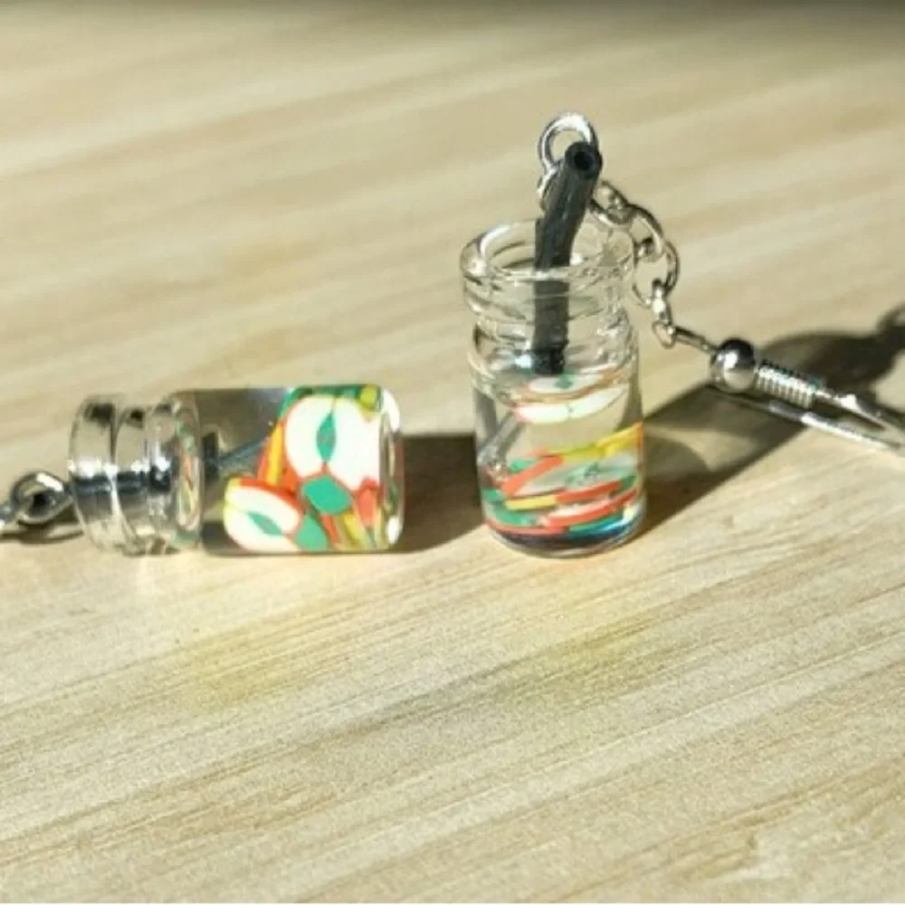 New Handmade Summer Fruity Apple Slice Glass S925 Sterling Silver Earrings